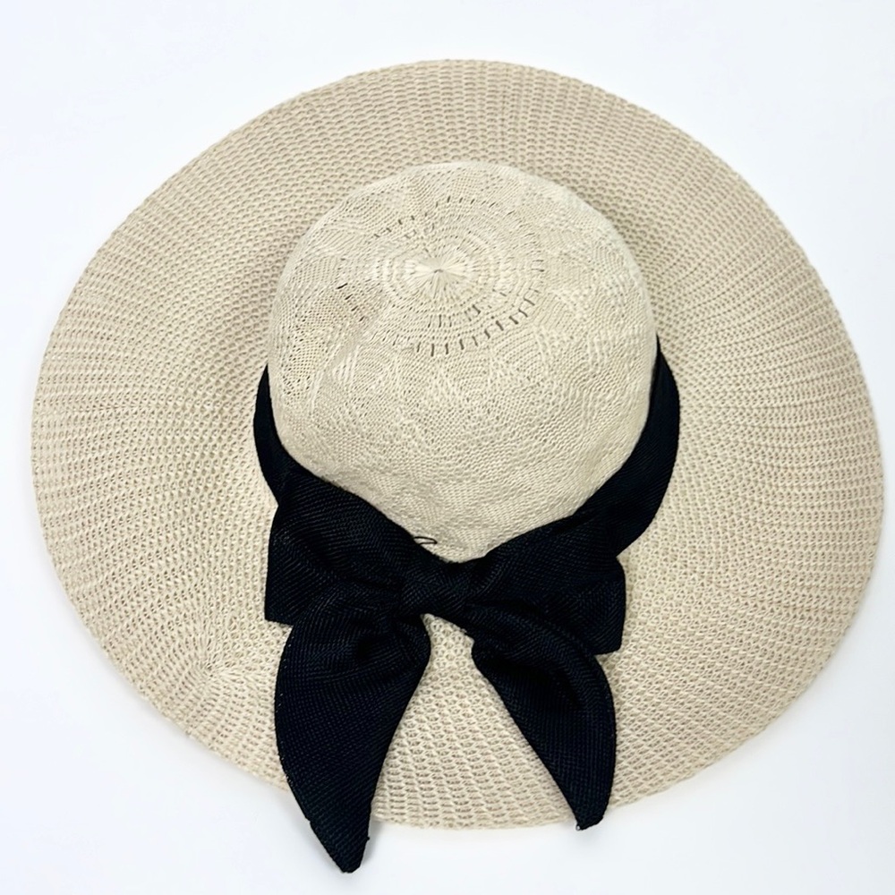 🎀🖤 Natural Color & Black Bow Fancy Sun Hat w/Chin Strap